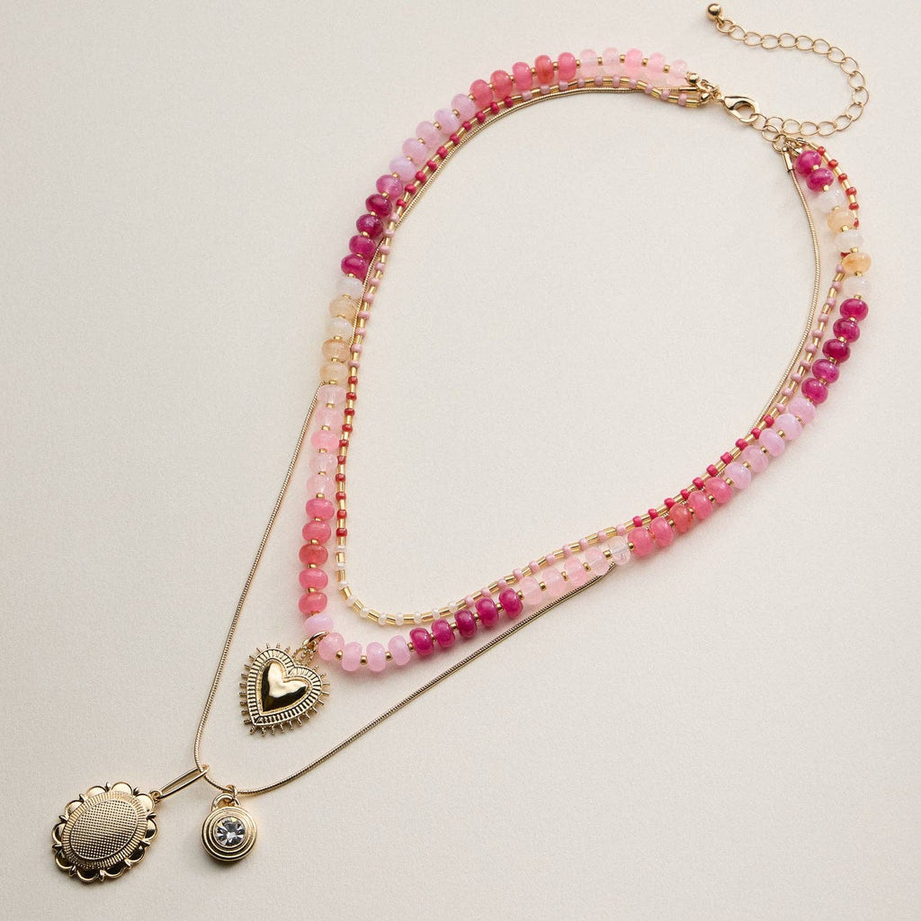 Layered Beaded and Pendant Necklace Set with Gold Accents | Heart and Charm Detail