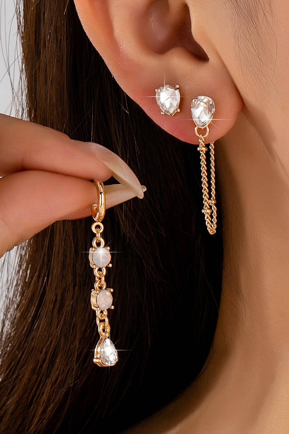 Crystal Stud & Linear Opal Drop Trio Earring Set | 80E62680