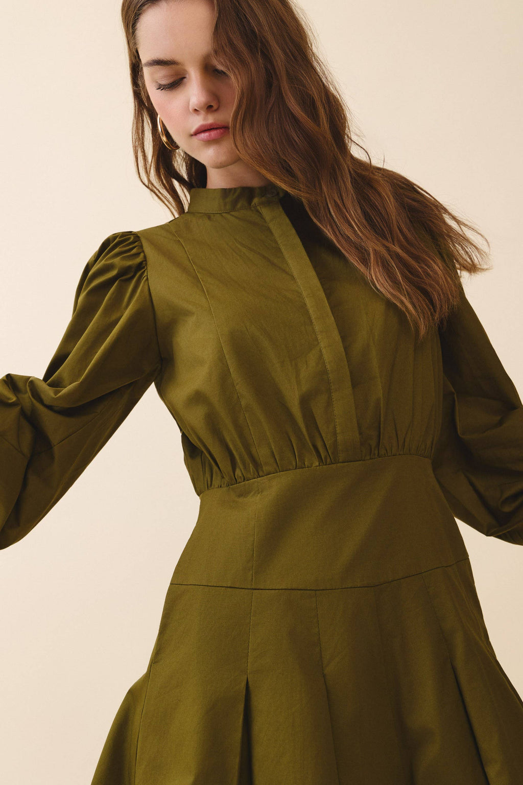 CD06354-Mandarin Collar Covered Button Placket Mini Dress