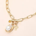 PEarl Cross Charm Toggle Pendant Paperclip Chain Necklace
