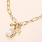 PEarl Cross Charm Toggle Pendant Paperclip Chain Necklace