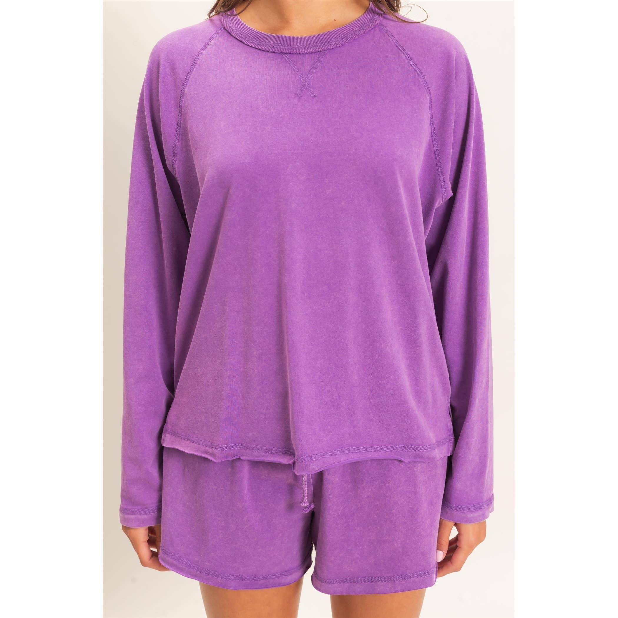 Mineral Wash Long Sleeve Raw Edge Top & Shorts Set