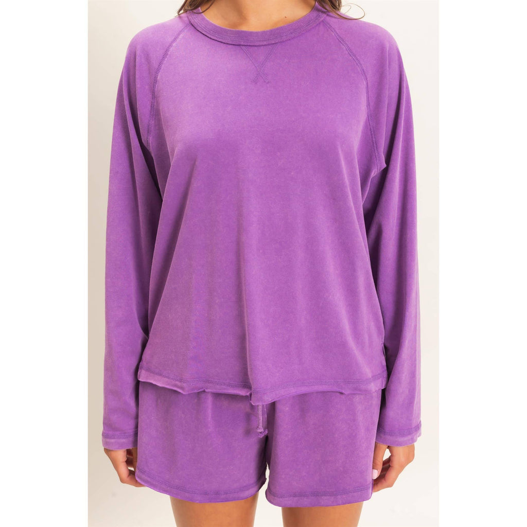 Mineral Wash Long Sleeve Raw Edge Top & Shorts Set