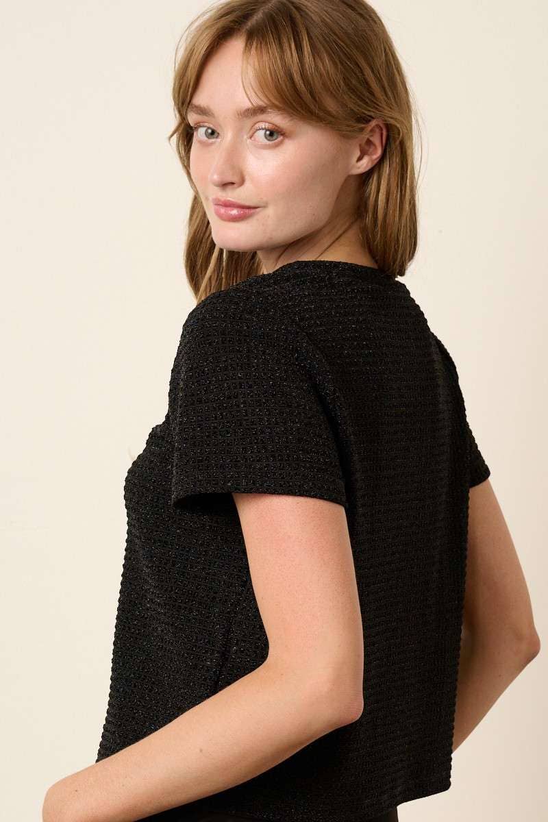 T10373B - GEO PATTERN METALLIC SHORT SLEEVE TOP