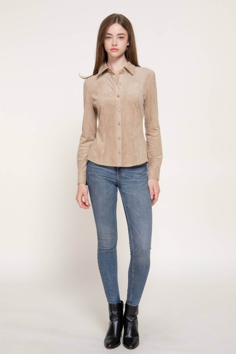 Long Sleeve Button Down Stretch Faux Suede Shirt