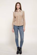 Long Sleeve Button Down Stretch Faux Suede Shirt