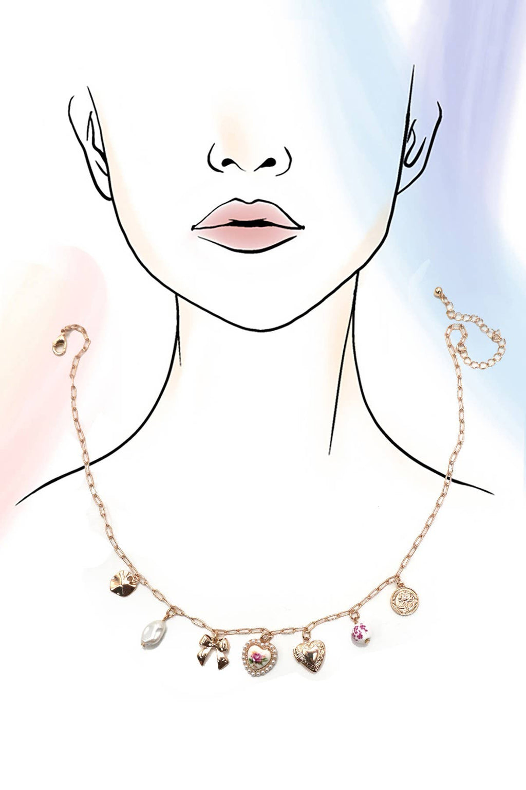 CERAMIC PORCELAIN BOW HEART CHARM NECKLACE