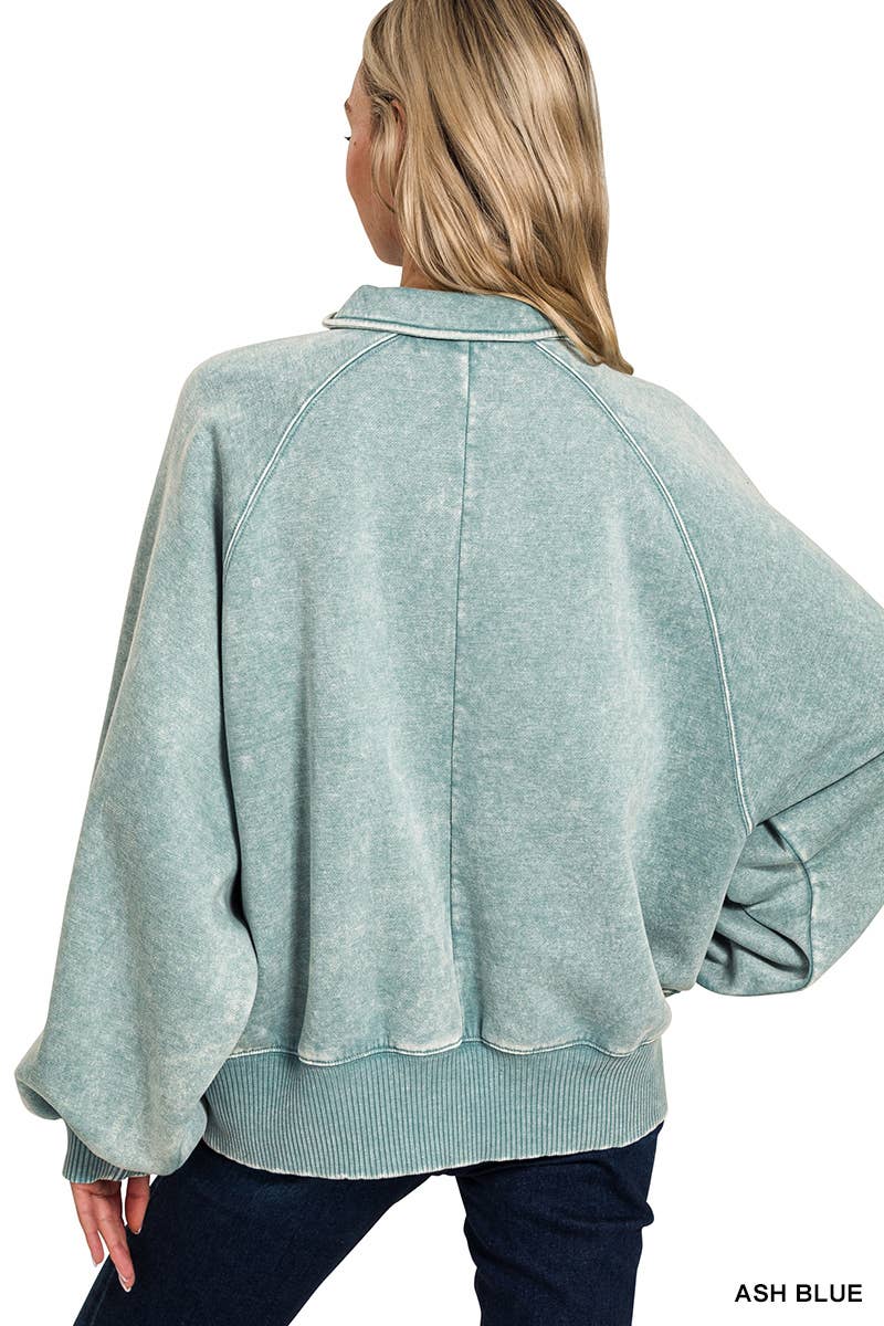 Acid Wash Fleece Button Up Collared Pullover