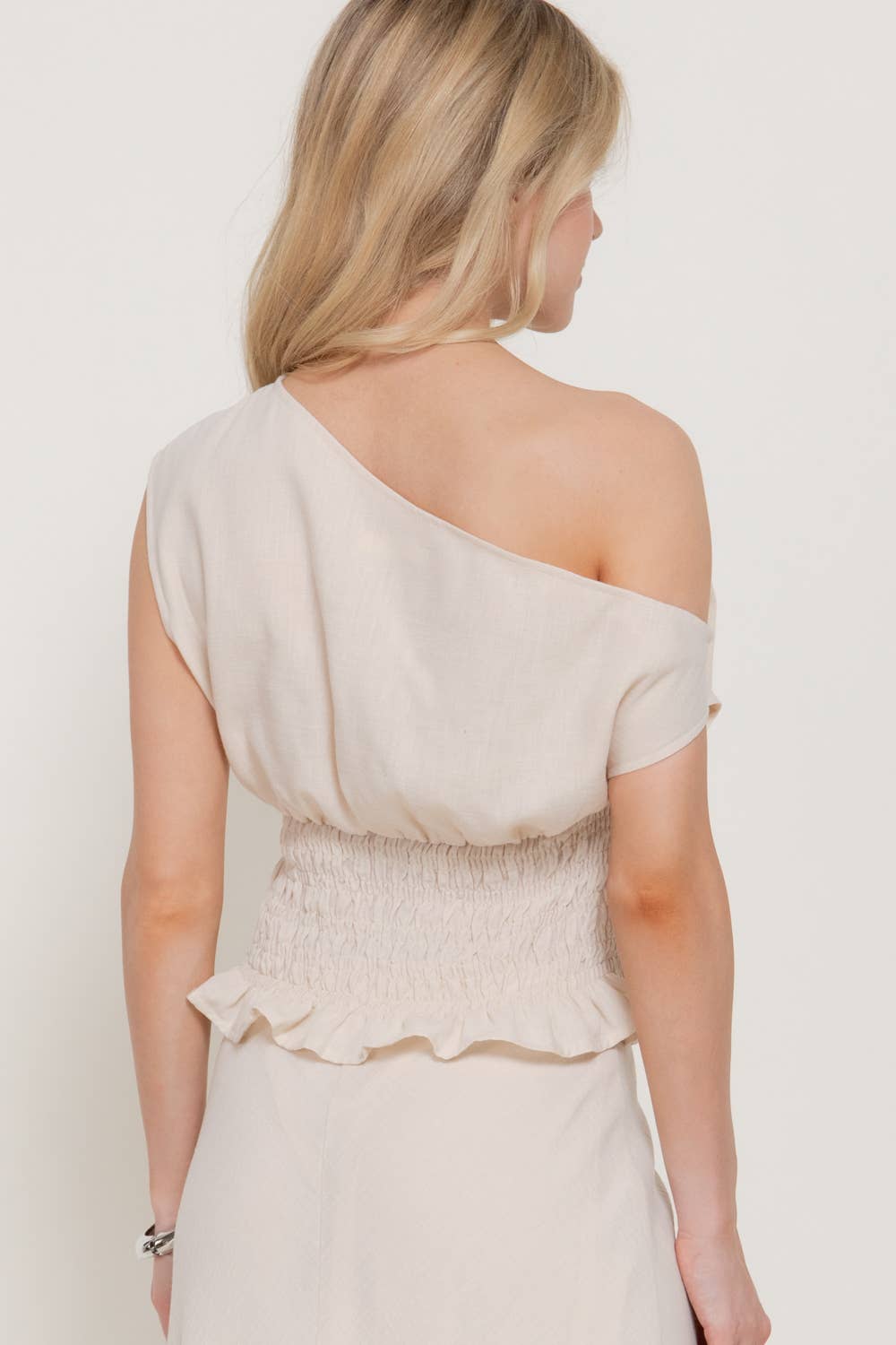 Asymmetrical Off The Shoulder Smocking Linen Effect Top