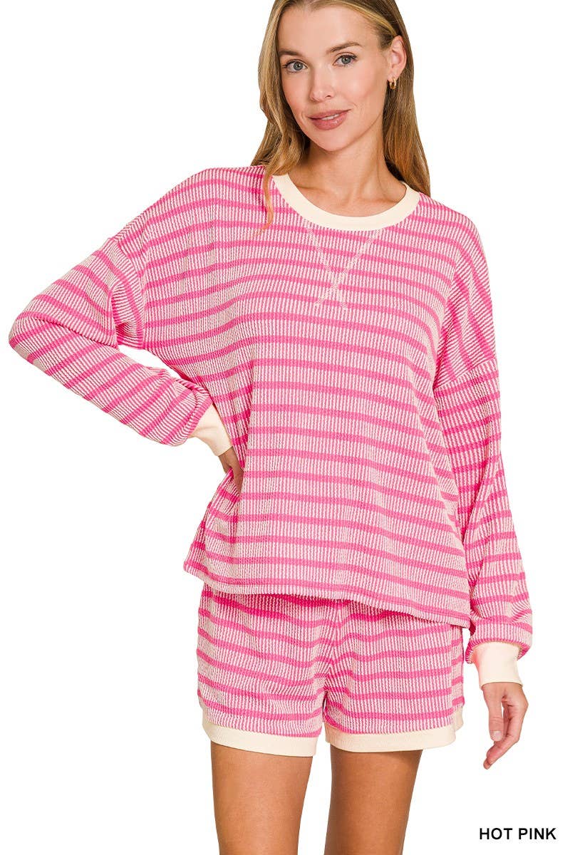Raised Rib Striped Pullover And Shorts Set