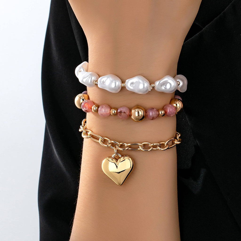 MULTI LAYER MIXED PEARL BEAD HEART CHARM BRACELET | 80B1549