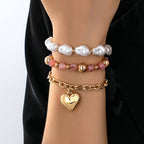 MULTI LAYER MIXED PEARL BEAD HEART CHARM BRACELET | 80B1549