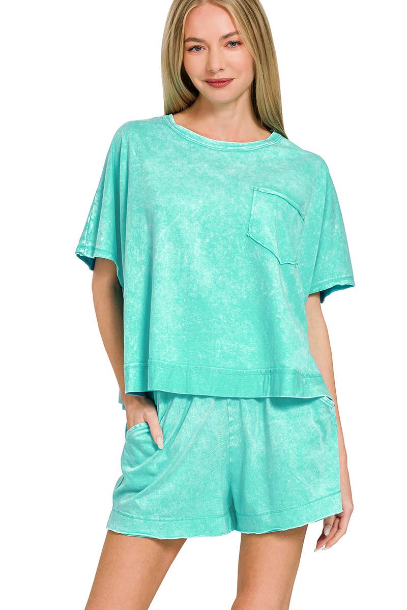 Acid Washed Oversized Top & Shorts Set - Zenana