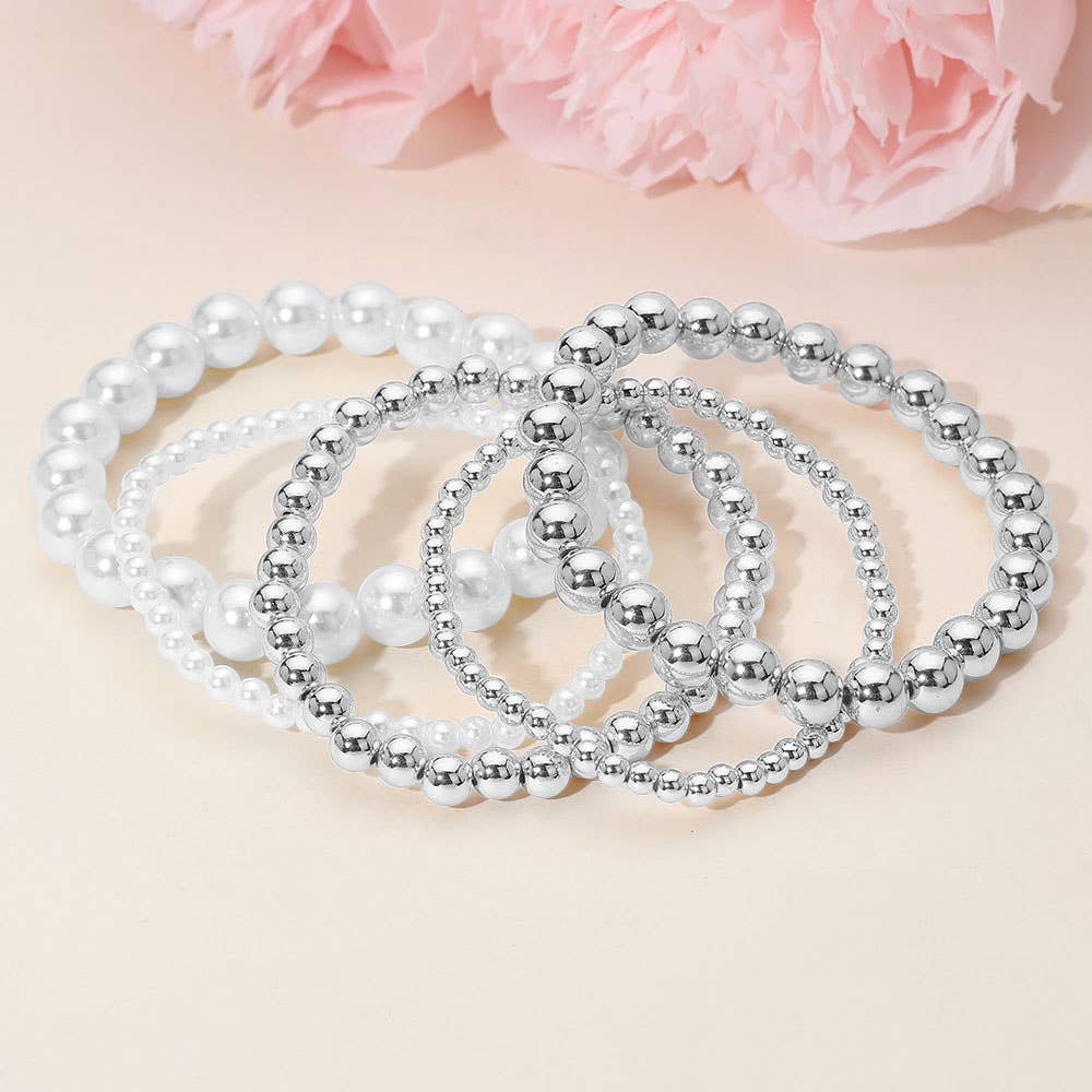 5PCS - Pearl Metal Ball Beaded Stretch Multi Layered Bracelets