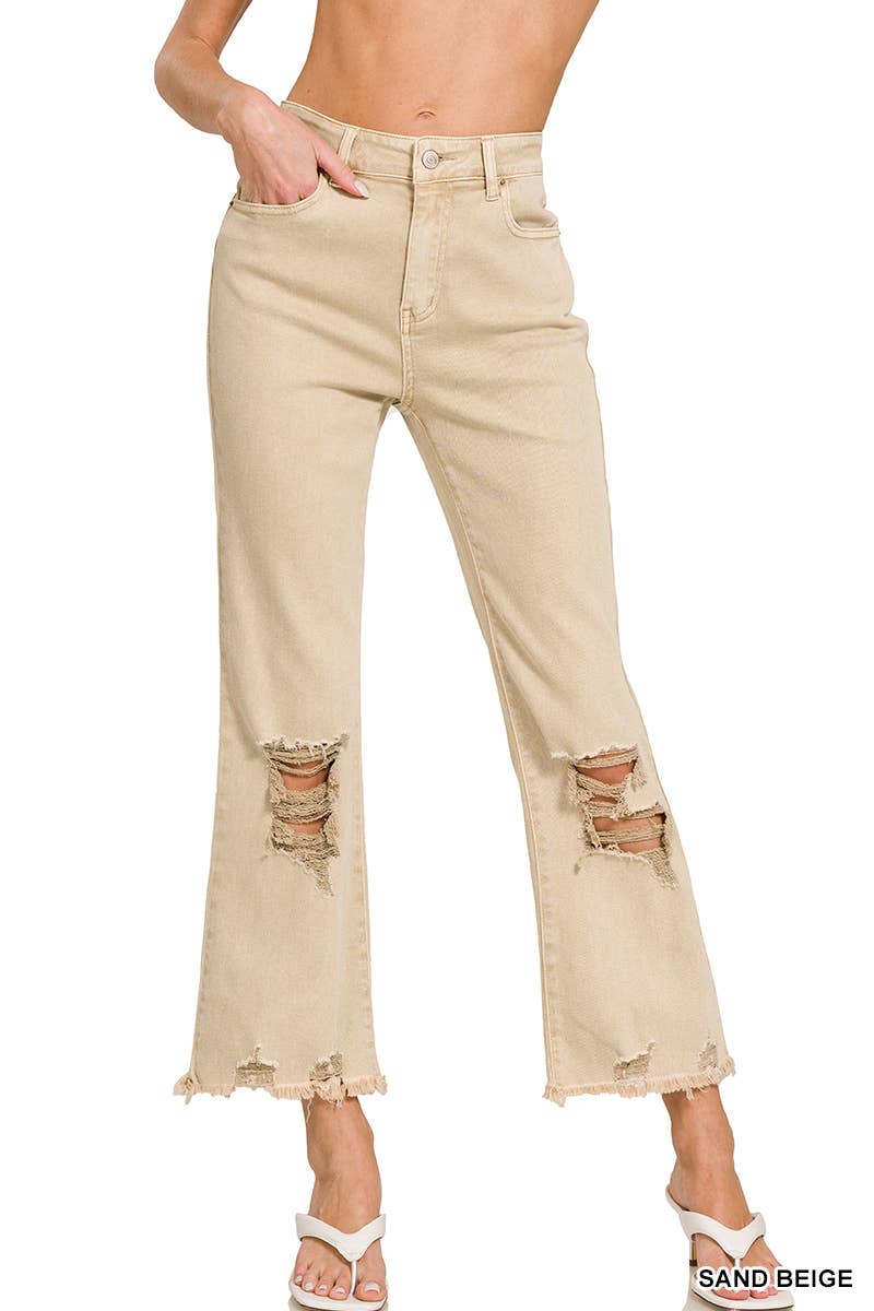 `Acid Wash High Waist Distressed Straight Leg Pants