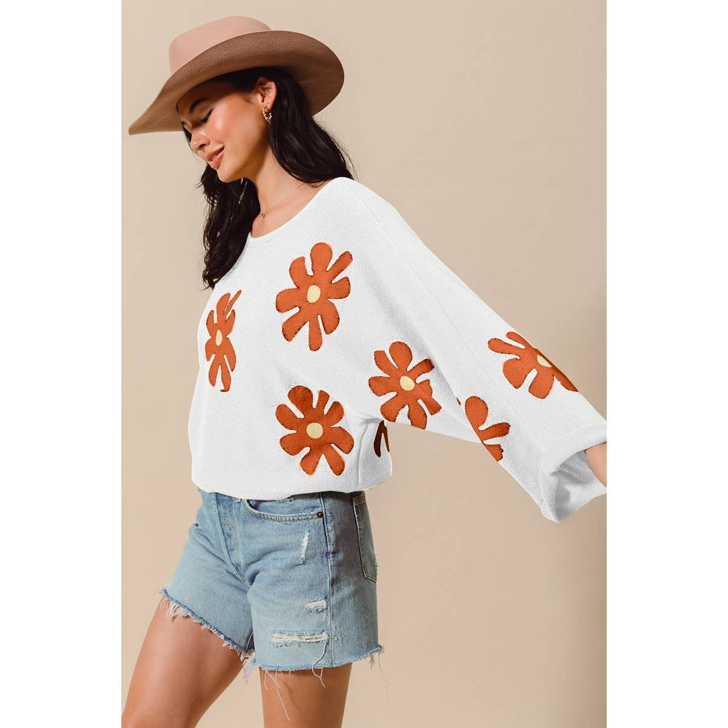 DAISY FLORAL PATTERN KNITTED SWEATER TOP