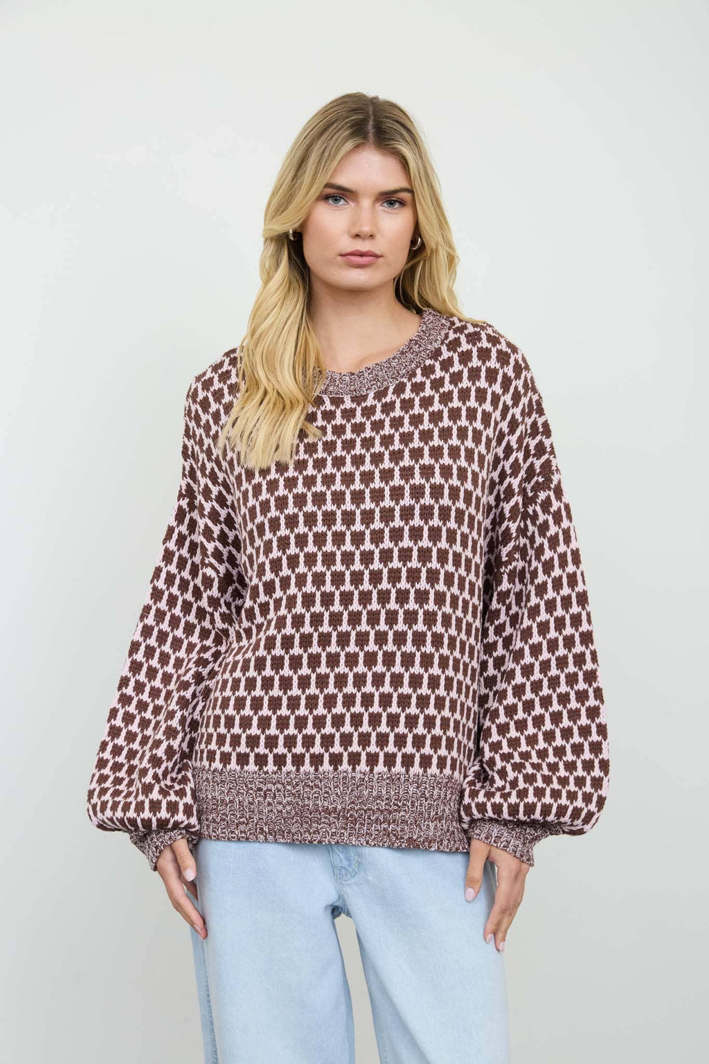 MARLED TRIM GEOMETRIC PATTERN RELAXED SWEATER