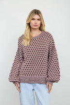 MARLED TRIM GEOMETRIC PATTERN RELAXED SWEATER