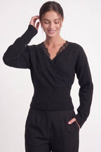 Lace-trim Faux-wrap Knit Sweater