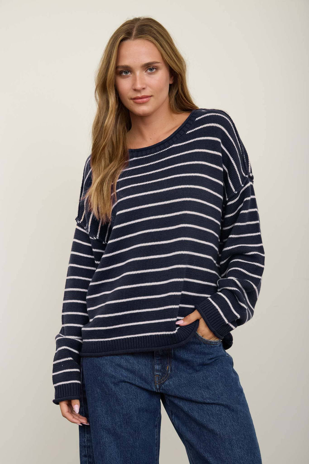 CREAM STRIPED DROP SHOULDER CREW NECK SWEATER