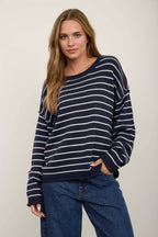 CREAM STRIPED DROP SHOULDER CREW NECK SWEATER
