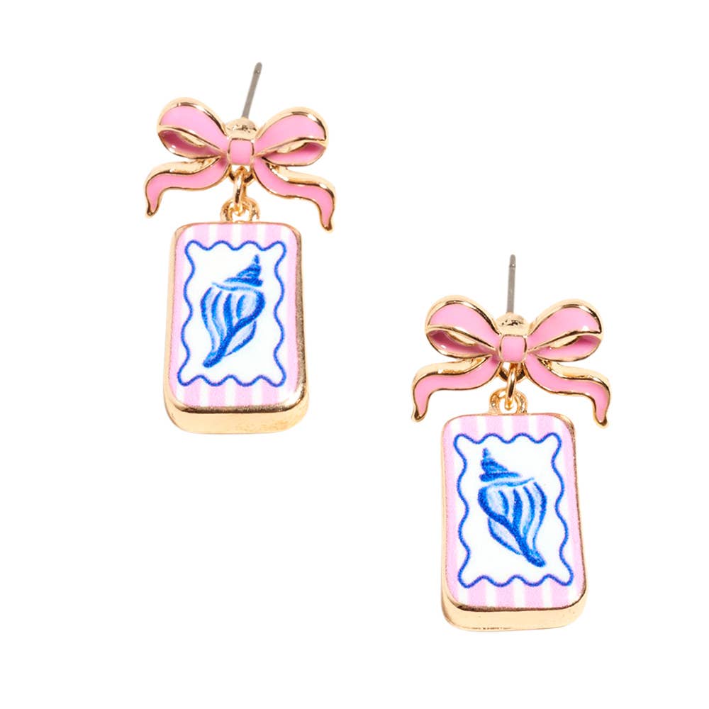 Bow Shell Print Square Frame Drop Earrings