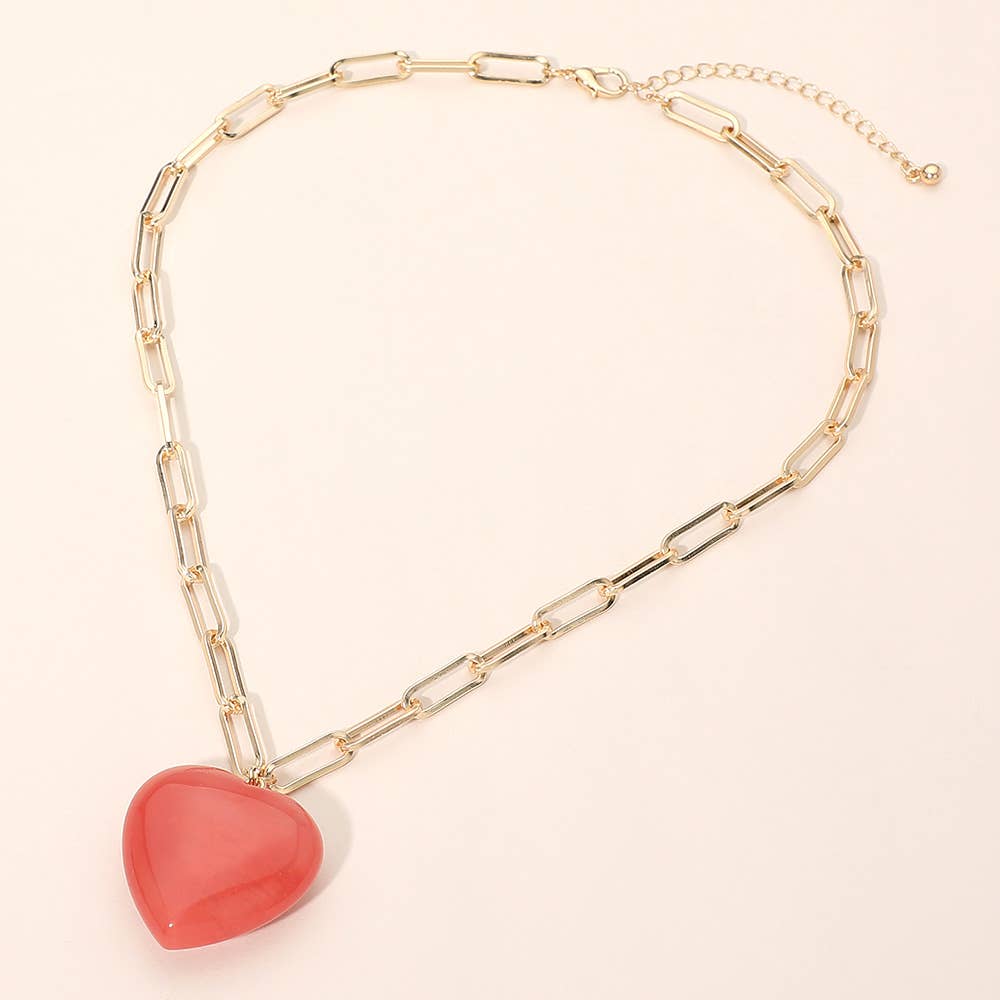 Resin Puffy Heart Pendant Paperclip Chain Necklace