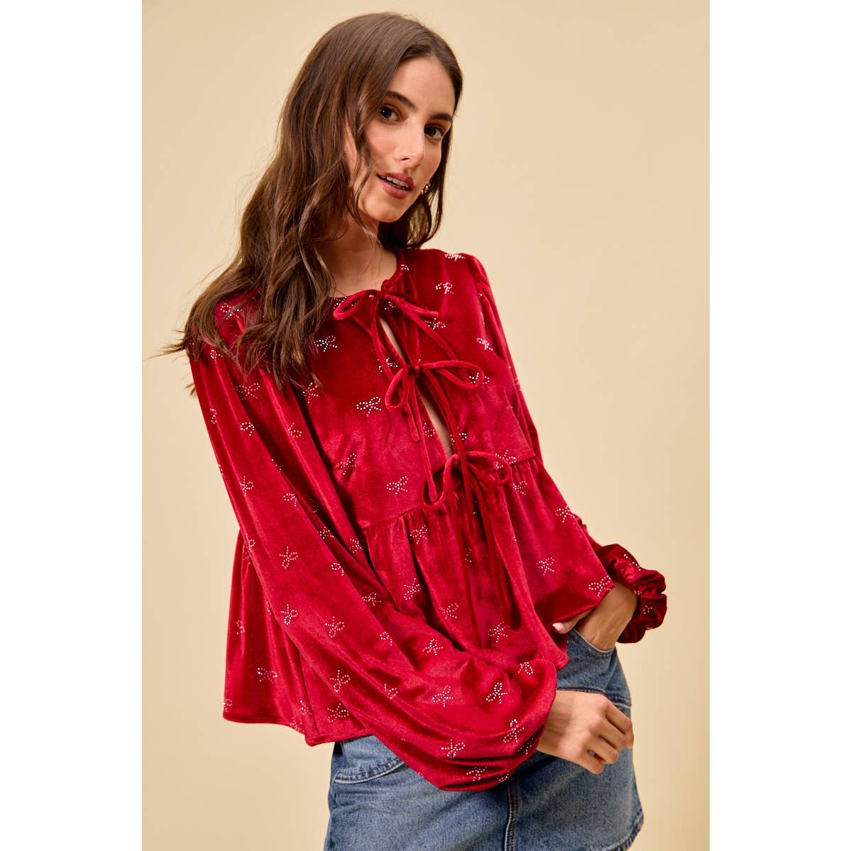 HOLIDAY CHRISTMAS RIBBON EMBELLISHED VELVET TOP