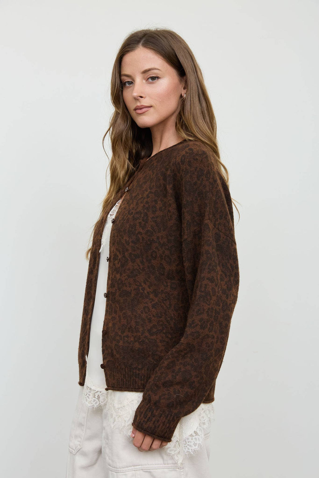 LEOPARD ROLLED EDGE BUTTON DOWN CARDIGAN