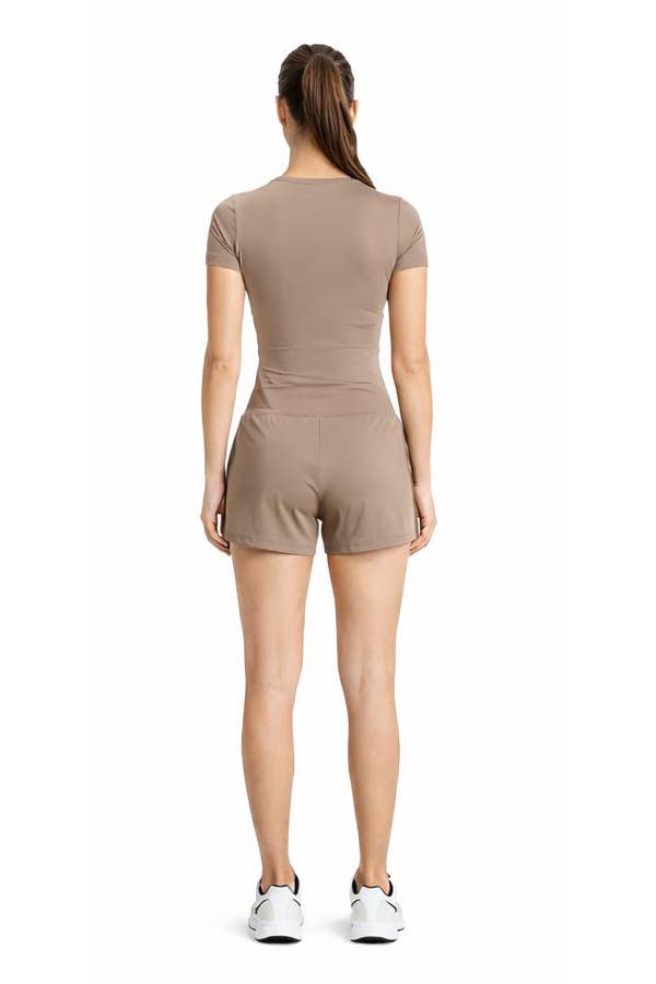 Yoga crop white piping top w/running shorts activewear set