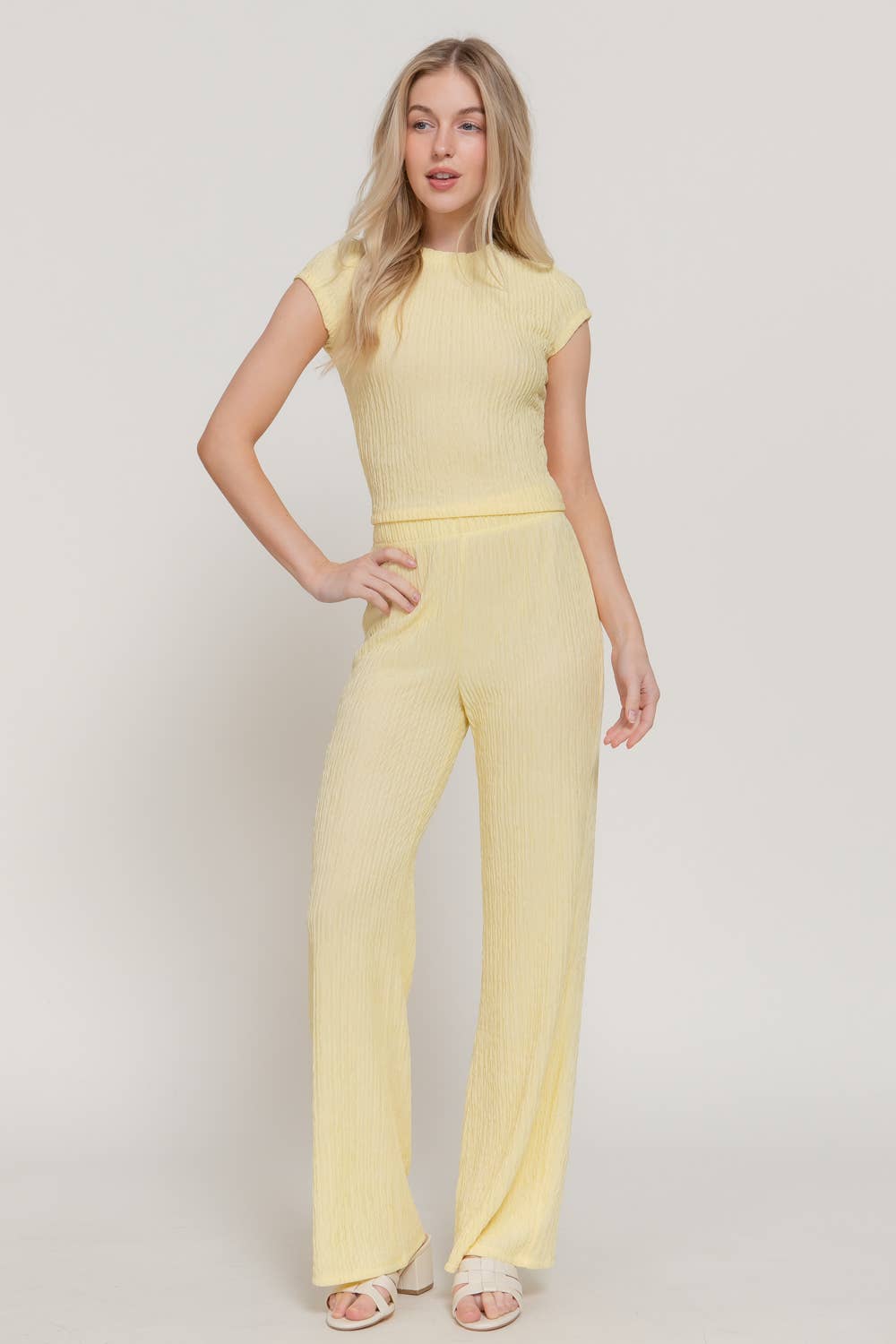 Short Sleeve Crew Neck Top & Waist Band Flare Pants Set