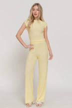 Short Sleeve Crew Neck Top & Waist Band Flare Pants Set
