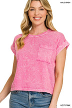 Halo Snow Washed Cotton Cuffed Short Sleeve Top - Zenana