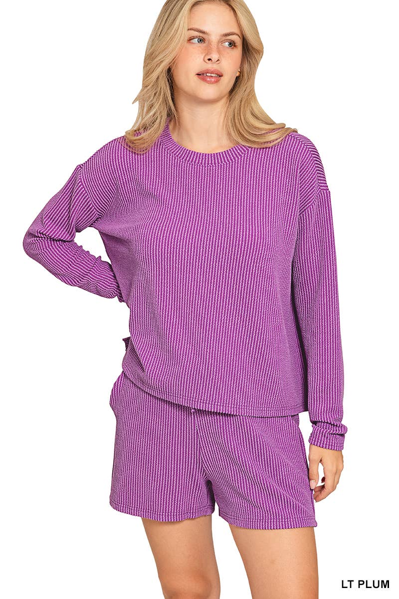 Raised Rib Long Sleeve Tee And Shorts Set