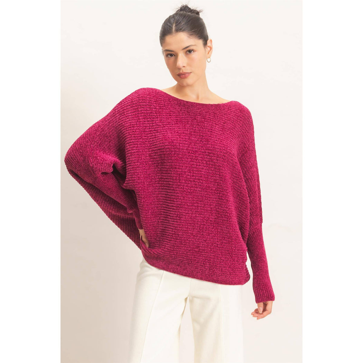 Chenille Boat Neck Dolman Sleeve Sweater