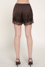 Waistband Lace Trim Hem Satin Shorts