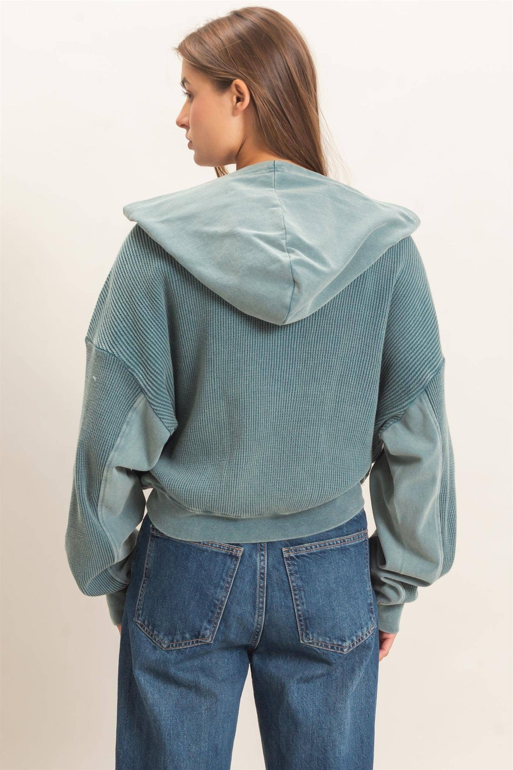 Acid Wash Waffle Knit Zip-up Hoodie