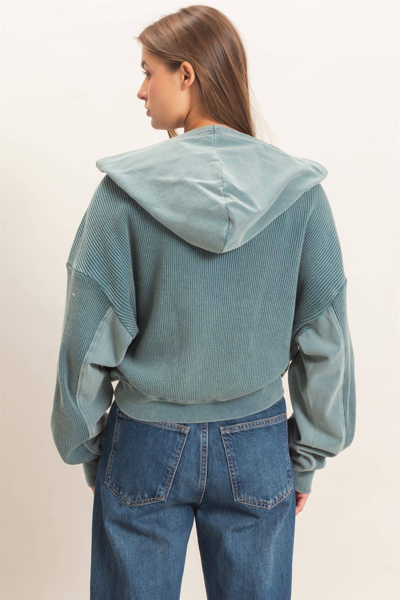 Acid Wash Waffle Knit Zip-up Hoodie