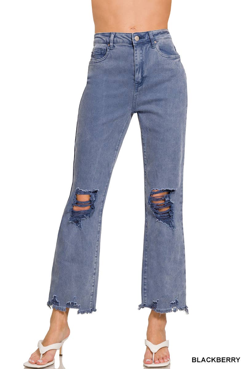 `Acid Wash High Waist Distressed Straight Leg Pants