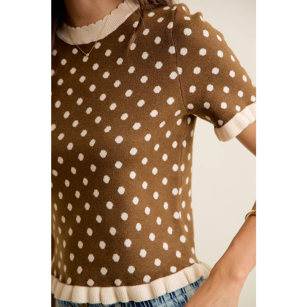 POLKA DOT RUFFLED SHORT SLEEVES SWEATER KNIT TOP