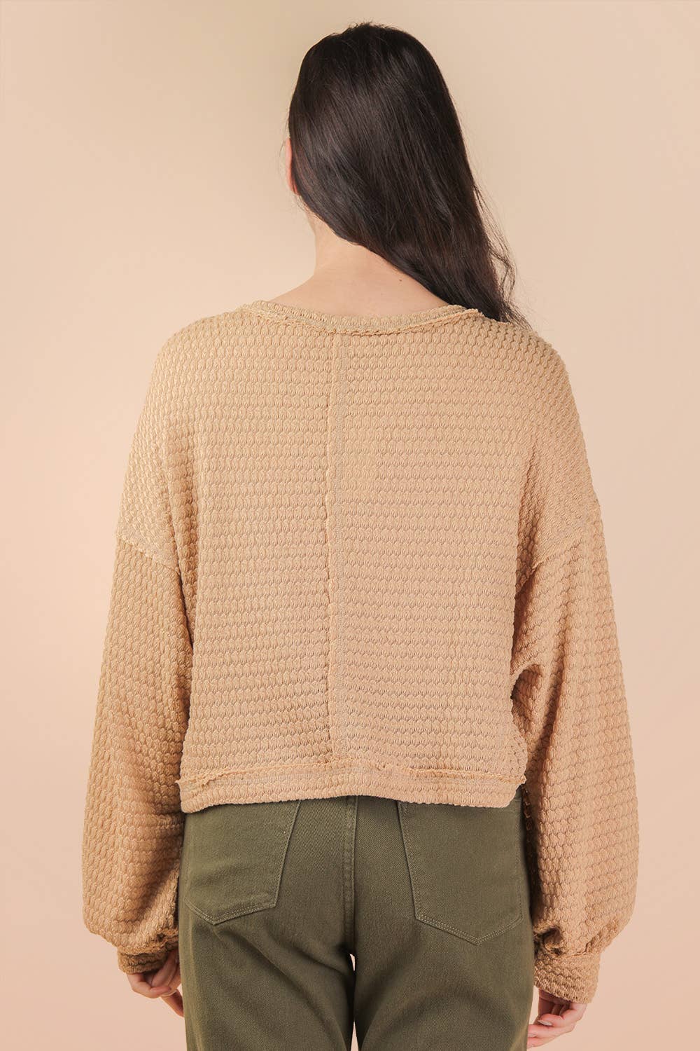 NT11982-Oversized Waffle Solid Knit Causal Top
