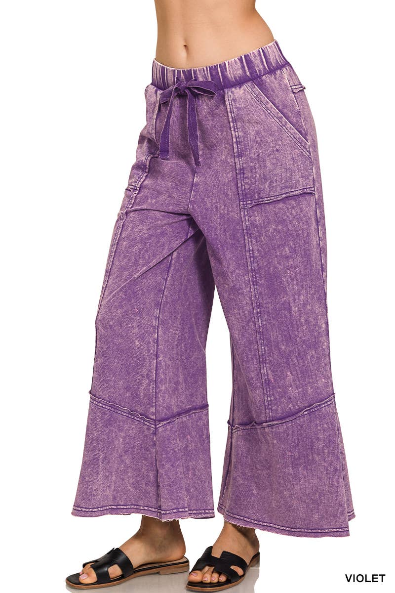 `Acid Washed Flare Hem Pants With Pockets Zenana