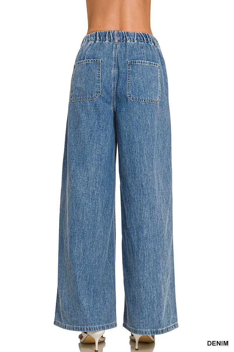 Wide Leg Drawstring Elastic Waistband Denim Pants w/ Pockets