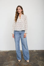 FLORAL LEAF PRINT SPLIT NECK LONG SLEEVE BLOUSE