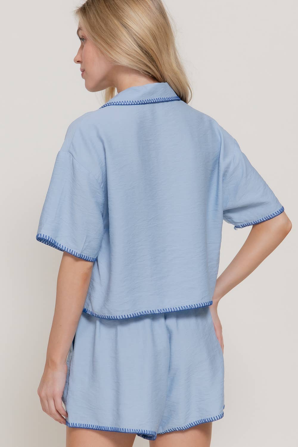 Short Sleeve Edge Stitch & Embroidered Boxy Shirt