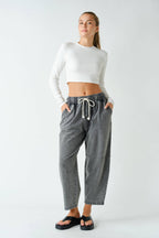 Cotton Blend Mineral Wash Cropped Straight Leg Pants
