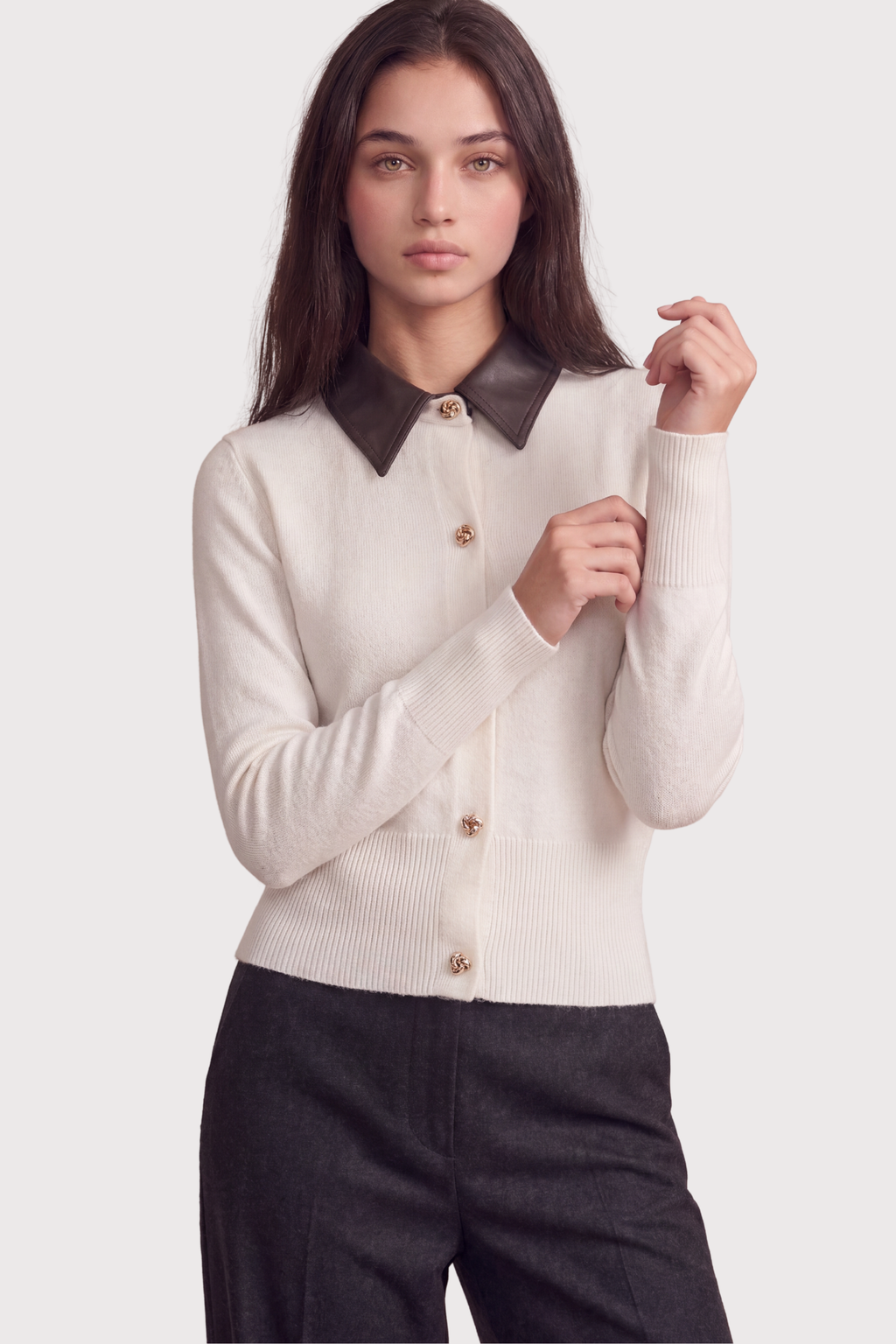 Leather collar Button down Cardigan