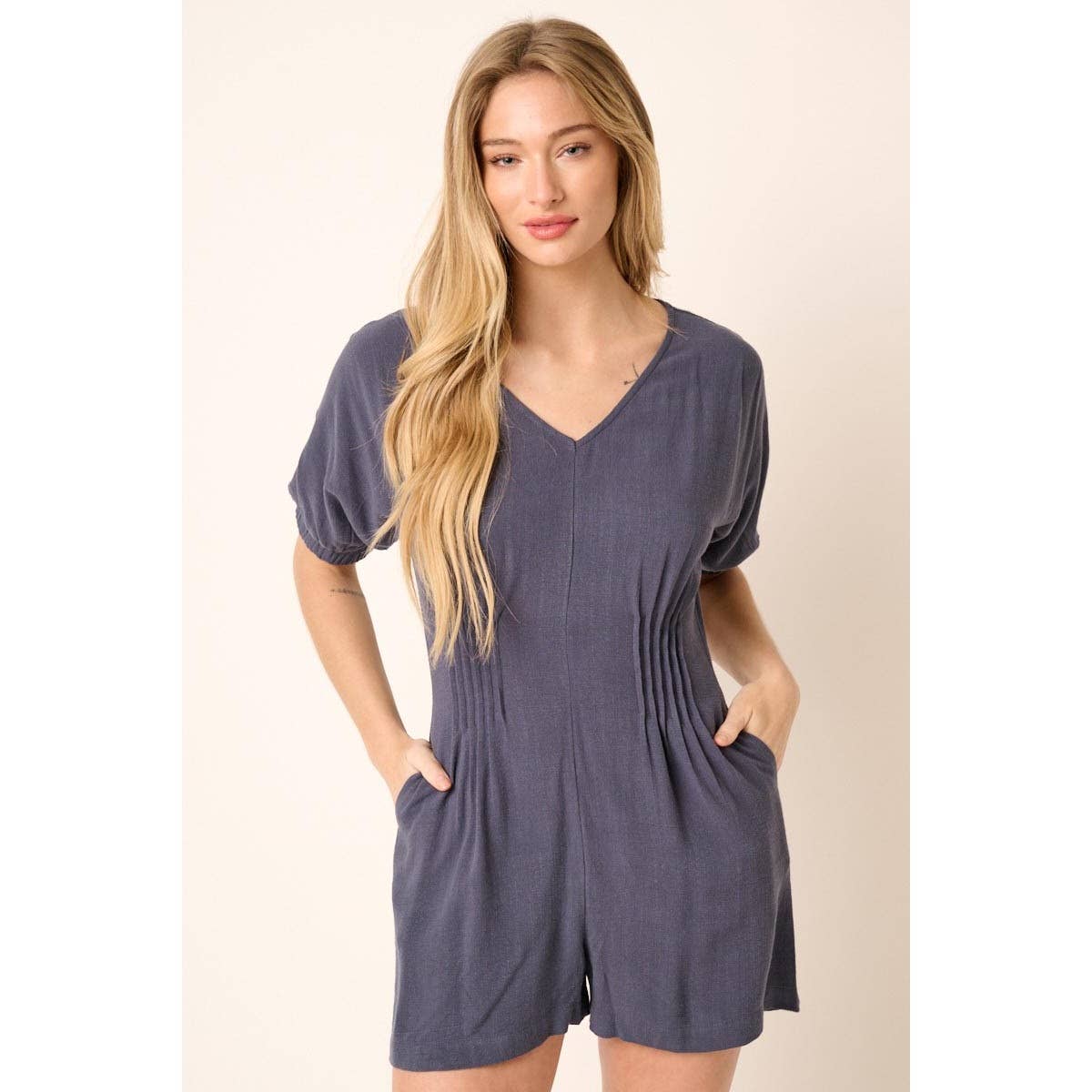 PINTUCK DETAIL V NECK SHORT SLEEVE ROMPER