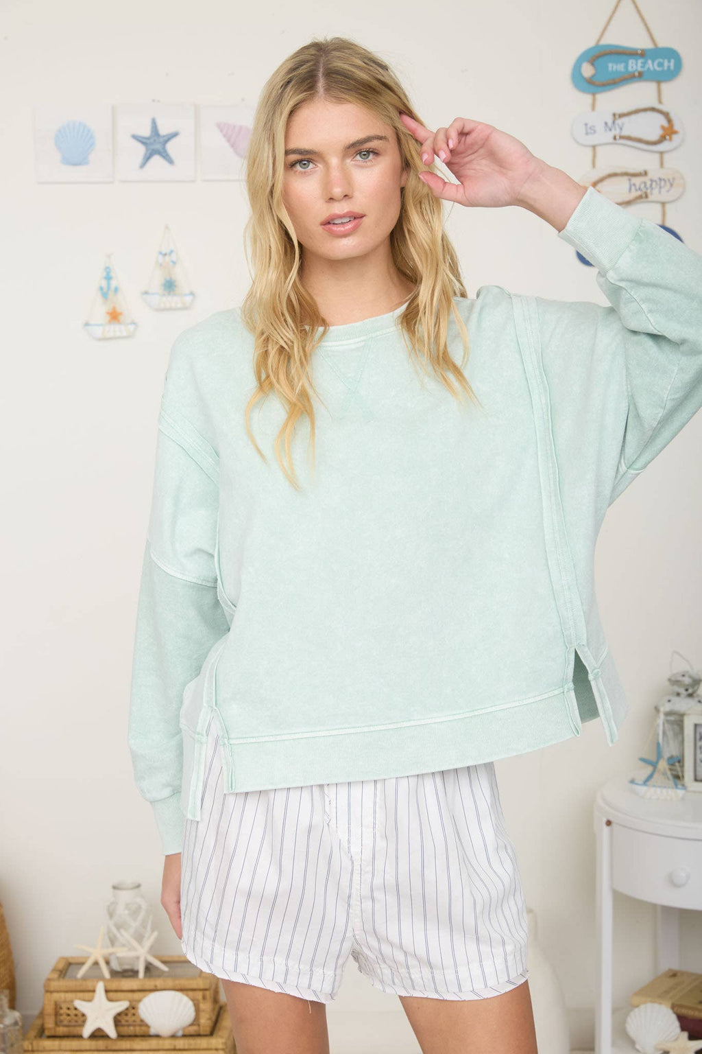 ACID WASH LONG SLEEVE SIDE SLIT KNIT TOP