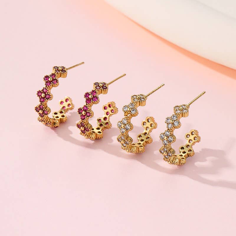 Floral Clover Rhinestone Semi-Hoop Earrings | 40E515